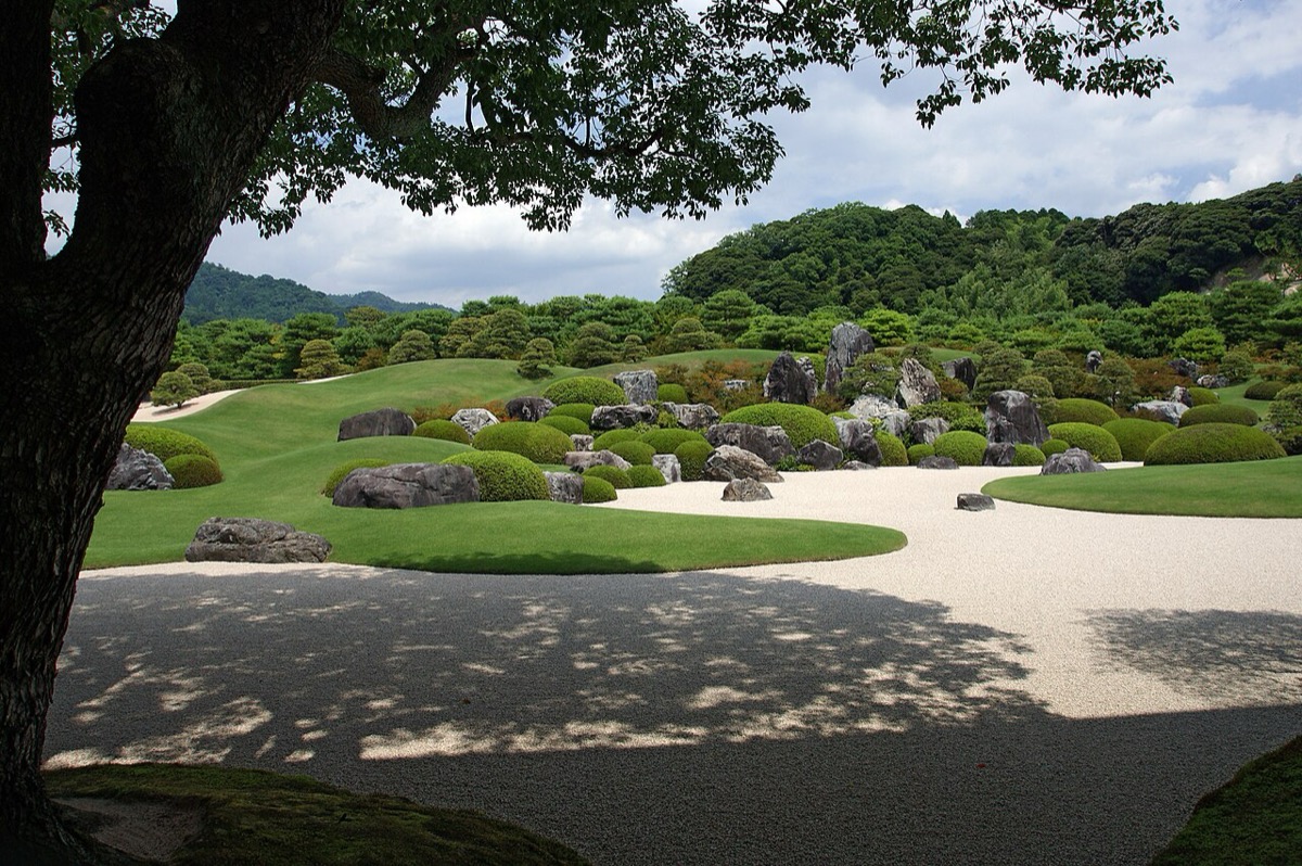 足立美術館的主庭枯山水庭 —— 白砂、苔丘、松樹與後方借景的山，島根縣安來市