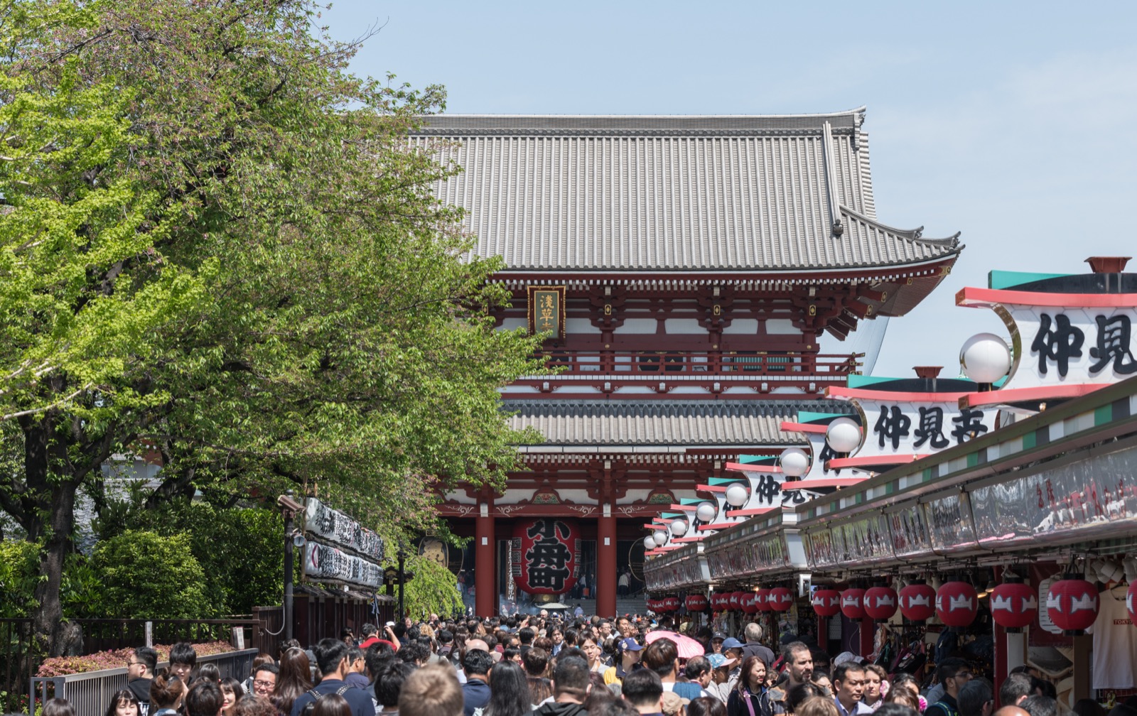 淺草寺 寶藏門（ほうぞうもん）— 從仲見世通り南望、背景可見五重塔