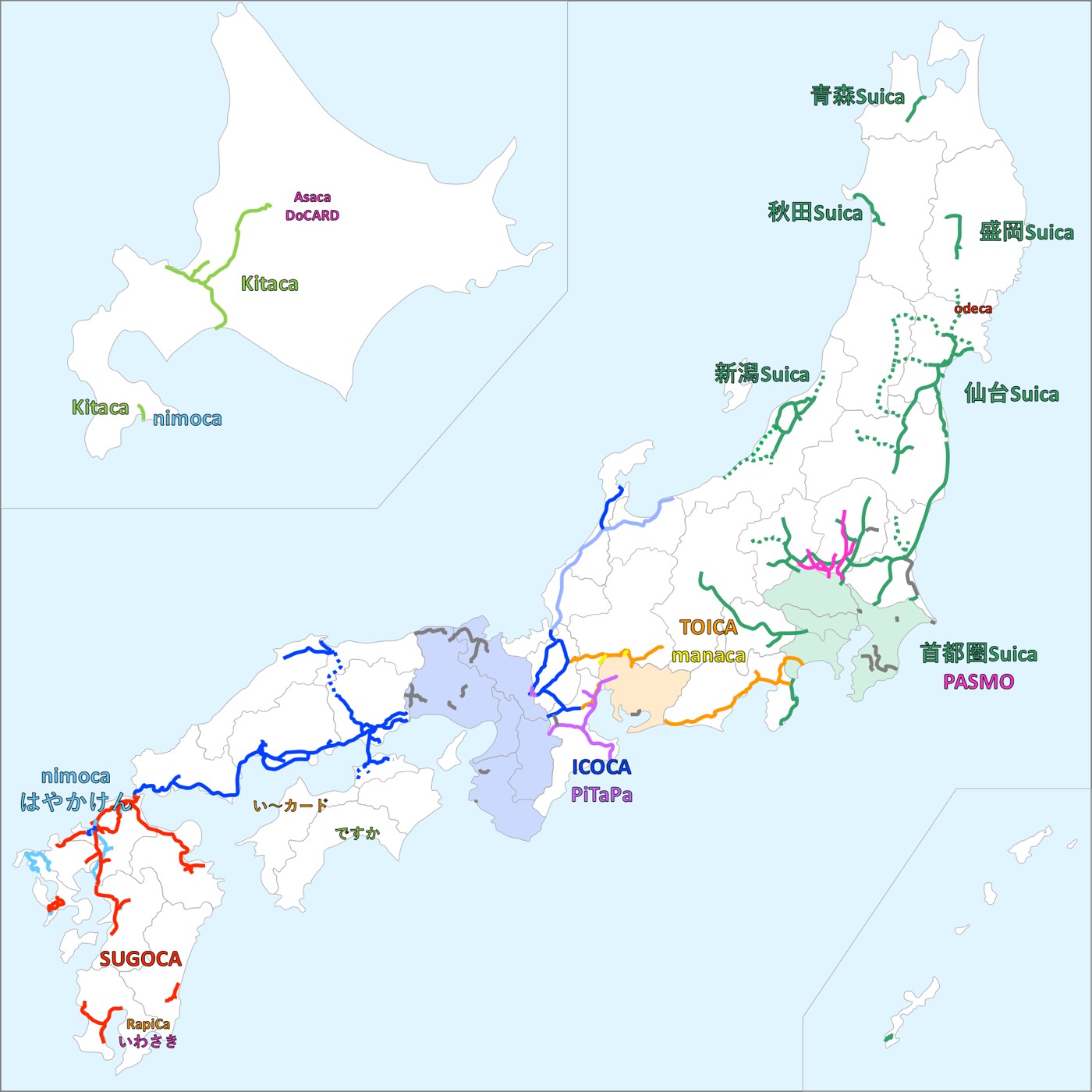 日本 10 張交通系 IC 卡的主要可用區域分布示意圖