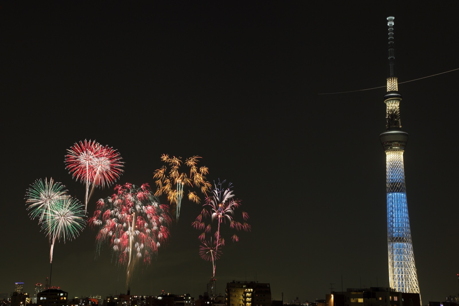 隅田川花火大會的煙火在東京晴空塔（東京スカイツリー）旁夜空綻放